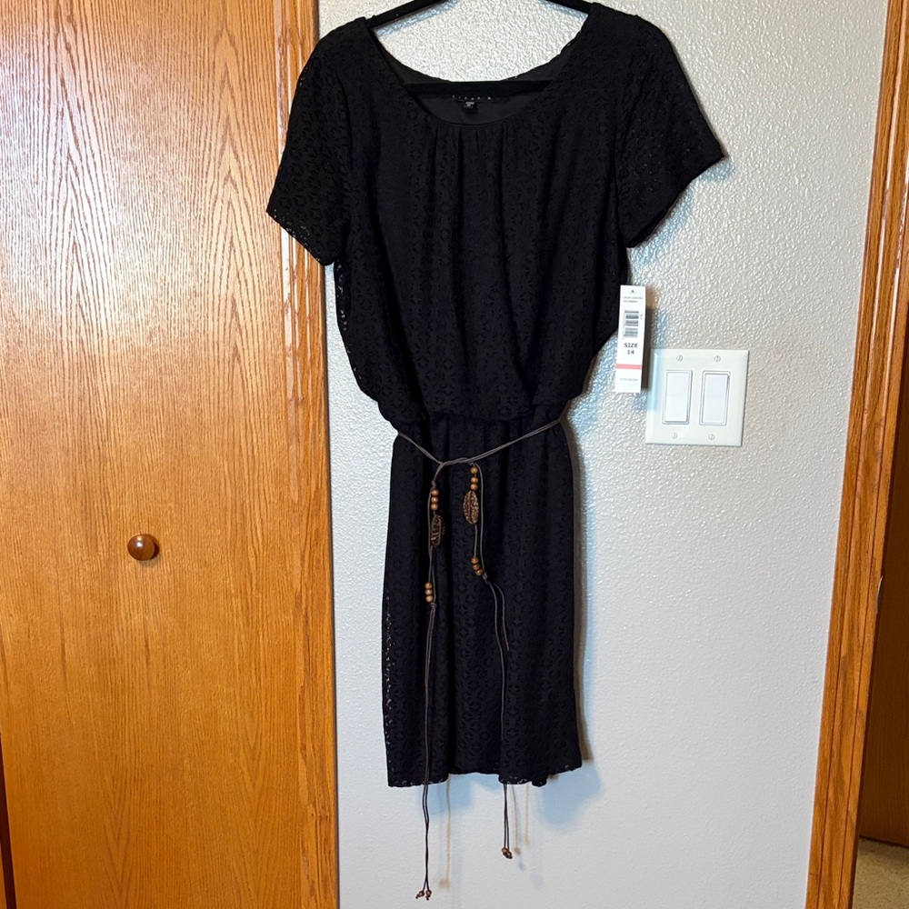 Tiana B. Black Lace Midi Dress with Tie Bead Waist